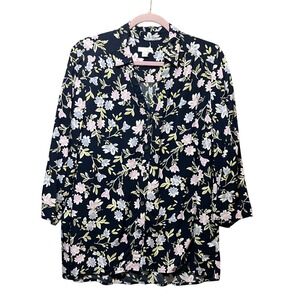JJill Womens Button‎ Down Shirt Floral Print Navy Tunic Rayon Lightweight